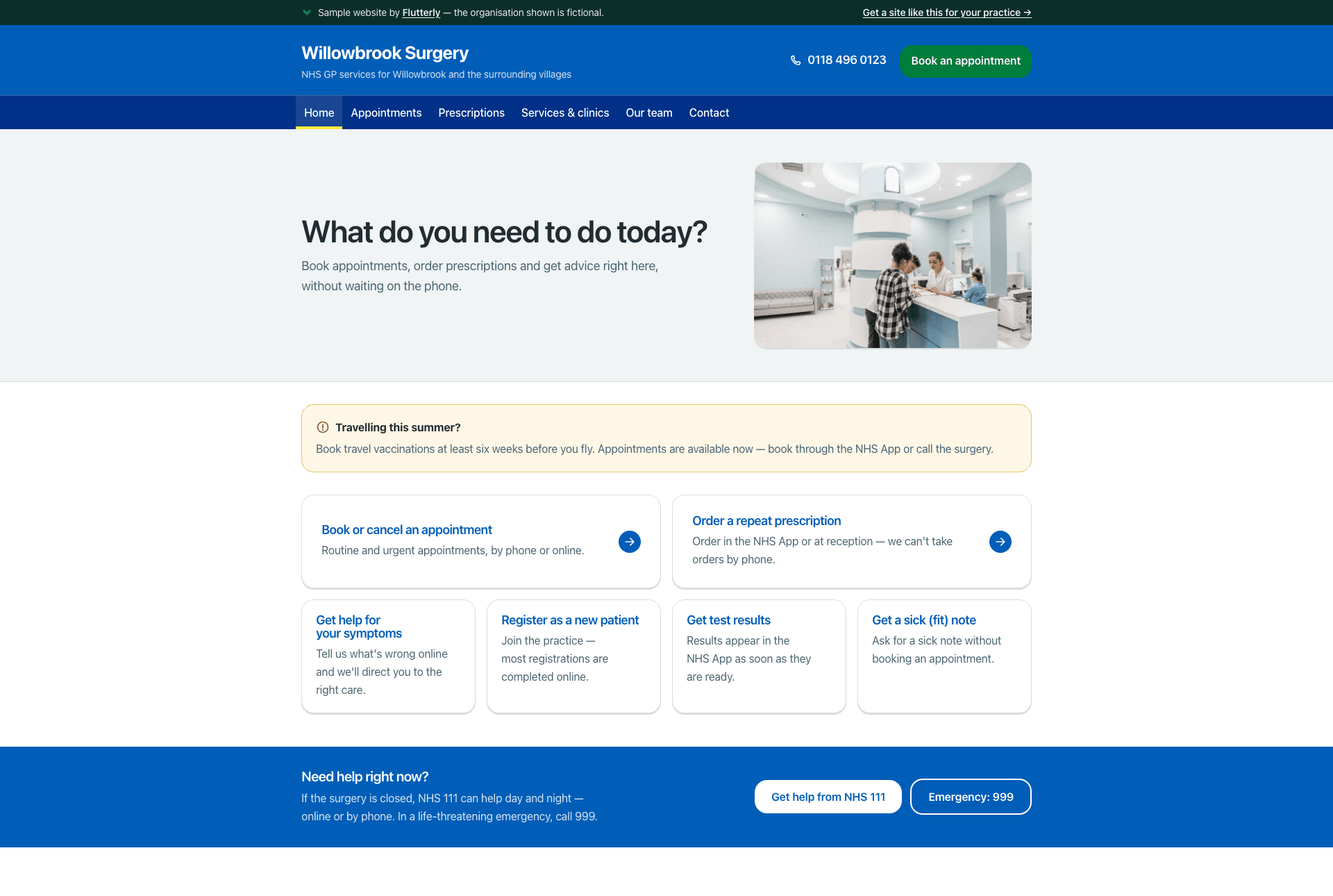 The Willowbrook Surgery sample website — a task-first GP practice homepage built by Flutterly