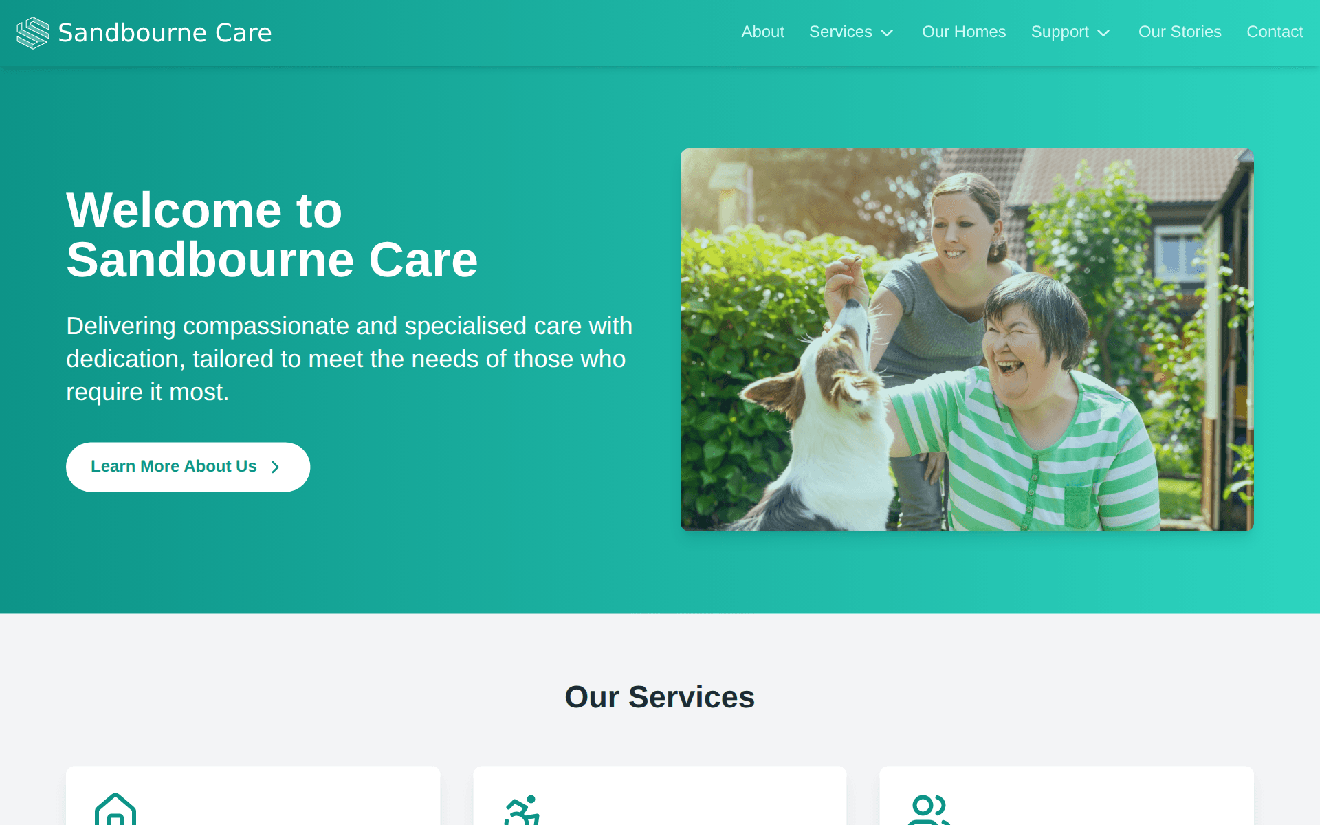 The Sandbourne Care website, designed and built by Flutterly