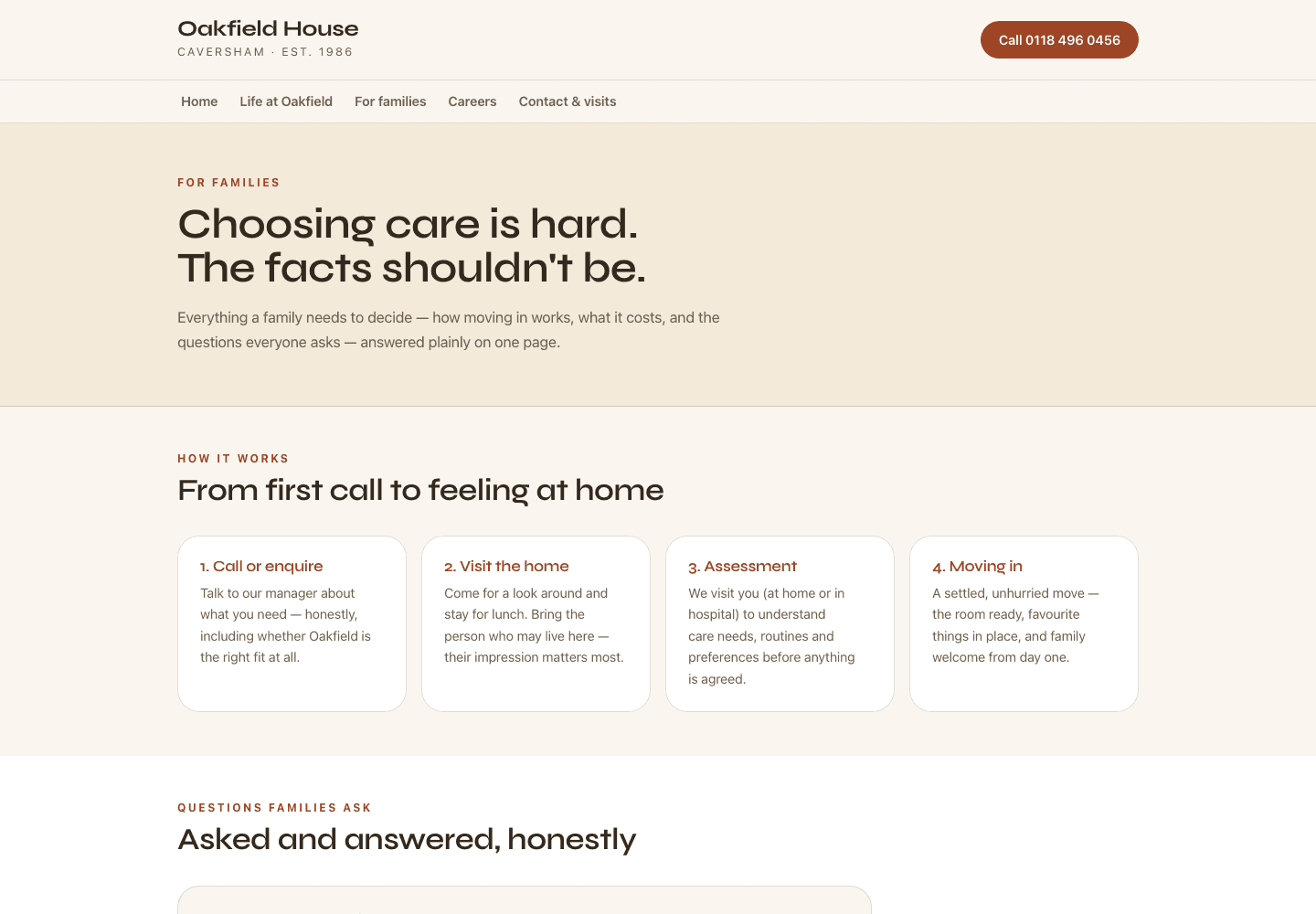 For families page of the Oakfield House sample website