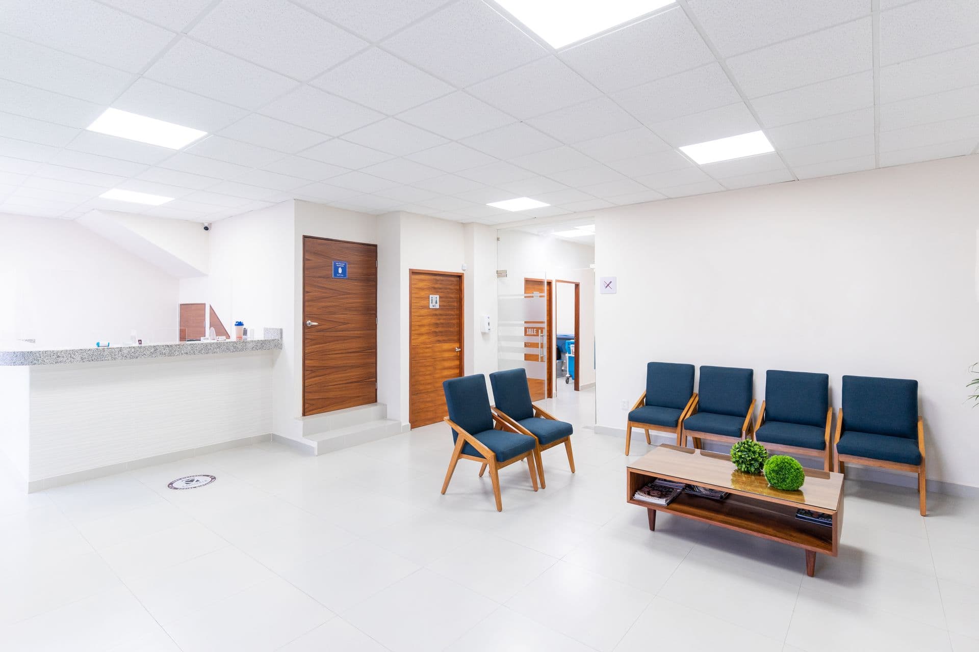 The surgery's bright waiting room with comfortable chairs