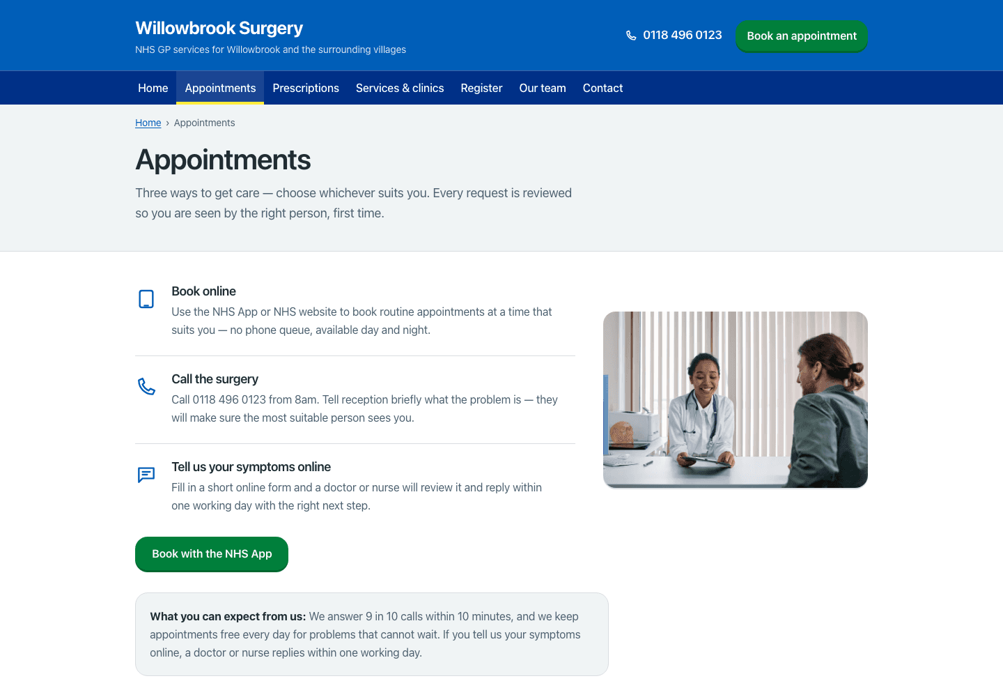 Appointments page of the Willowbrook Surgery sample website