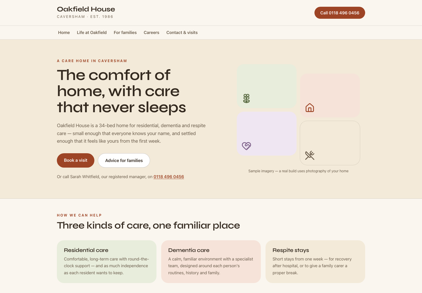 Homepage of the Oakfield House sample site: a warm, photo-led care home website