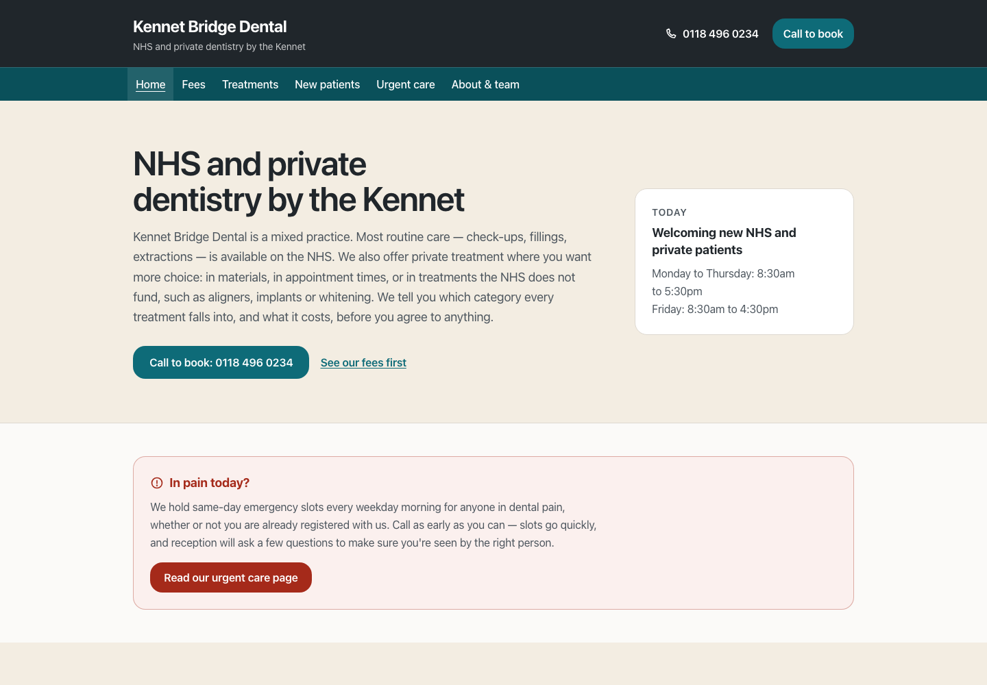 Homepage of the Kennet Bridge Dental sample site: a quietly premium dental practice website