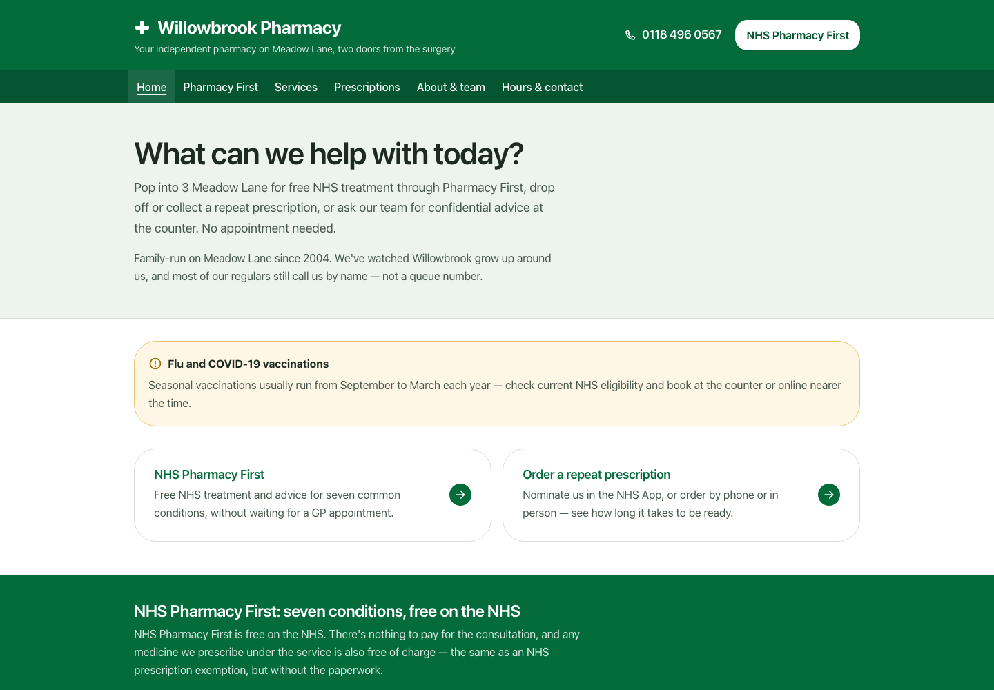Homepage of the Willowbrook Pharmacy sample site: a task-first community pharmacy website