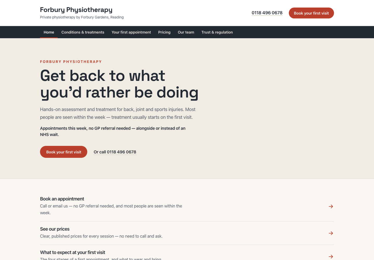 Homepage of the Forbury Physiotherapy sample site: an athletic editorial clinic website